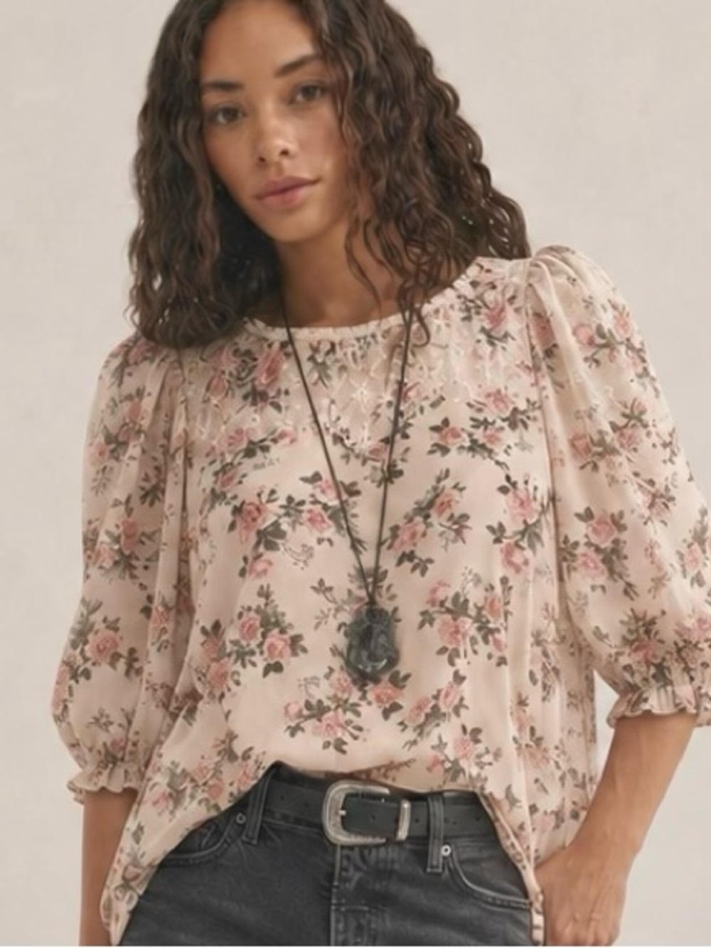 Women’s Umgee USA Floral Chiffon Puff Sleeve Blouse Pink Lace Boho L
